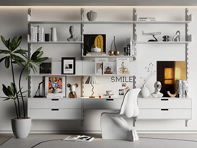Modern Wall Storage Shelf With Books Decorative Items Lamp And Office Chair 3d model