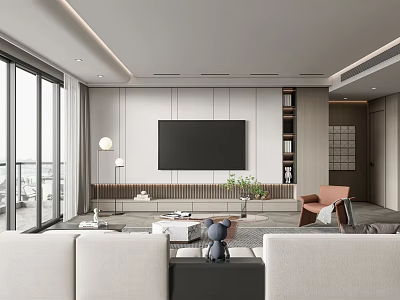 Modern Living Room Interior With Large Windows TV Wall Sofa And Decorative Plant 3d model