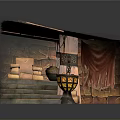 Ancient Themed Scene With Wooden Framing Stone Steps Red Curtain And Hanging Lantern