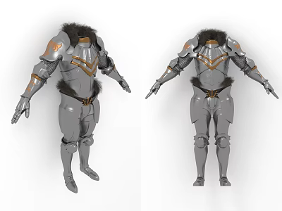 Gray Medieval Armor Clothing With Gold Accents And Fur Trim Front Back Views 3d model