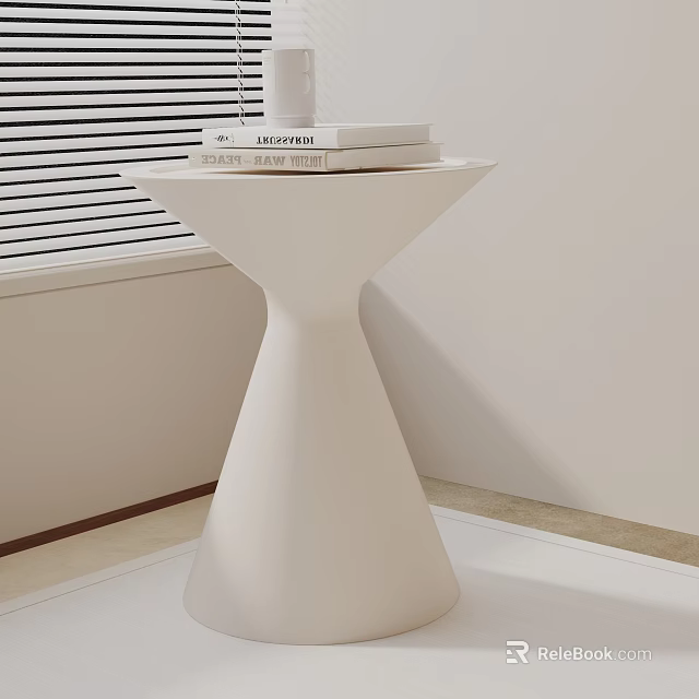 White Conical Side Table With Books And Cup Near Window Blinds Light Walls Floor 3d model 