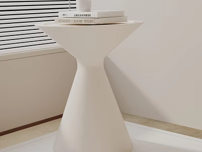 White Conical Side Table With Books And Cup Near Window Blinds Light Walls Floor 3d model