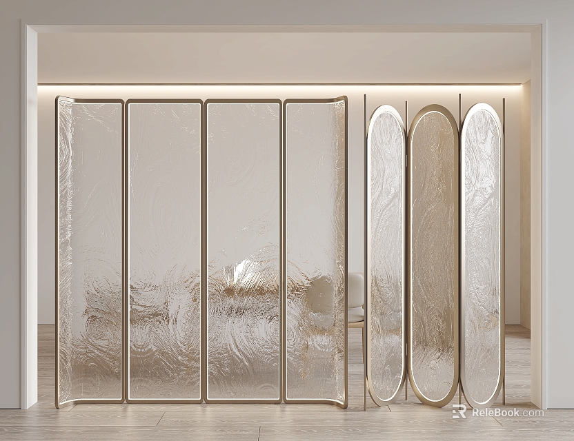 Modern Textured Glass Room Divider With Gold Frames For Contemporary Interior Design 3d model 