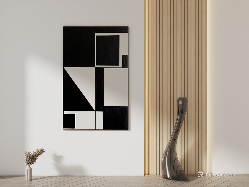 Black And White Geometric Painting With Wooden Stripe Wall Metal Sculpture And Light Floor Decor 3d model 