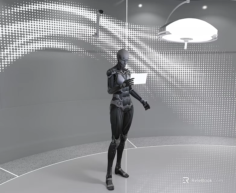 Smart Humanoid Robot Standing In Light Dotted Room With Black Mechanical Exoskeleton 3d model 