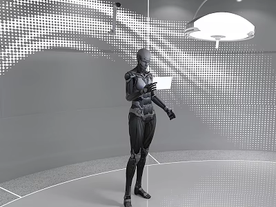 Smart Humanoid Robot Standing In Light Dotted Room With Black Mechanical Exoskeleton 3d model