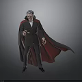 3D Vampire Character In Black Suit With Red Cape Blue Hair And Outstretched Hand