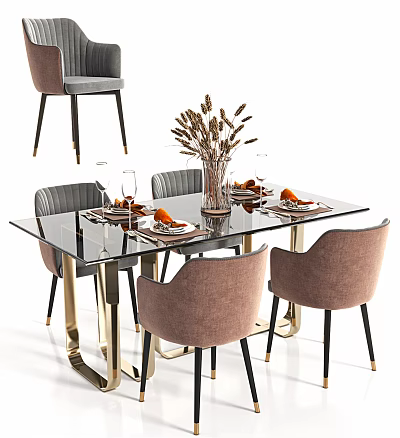 Modern Glass Top Dining Table Set With Golden Legs And Upholstered Gray Pink Chairs 3d model