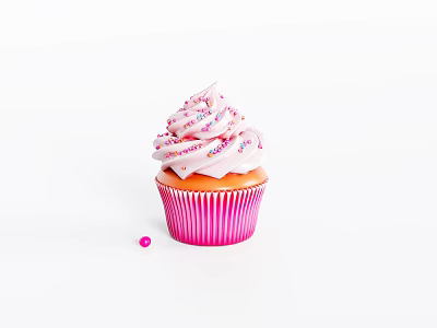 Delicious Pink Cupcake With Swirled Frosting Colorful Sprinkles And Pink Striped Liner 3d model