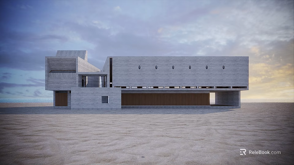 Modern Concrete Library Building with Geometric Design in Sandy Landscape Under Cloudy Sky 3d model 