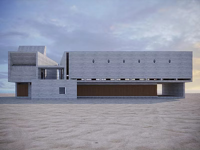 Modern Concrete Library Building with Geometric Design in Sandy Landscape Under Cloudy Sky 3d model