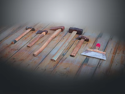 Different Types of Hammers and Putty Knife on Wooden Floor for DIY Projects 3d model
