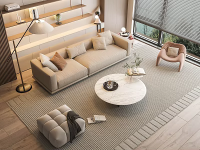 Modern Sofa Set with Decorative Pillows Round Coffee Table and Accent Chair in Living Room 3d model