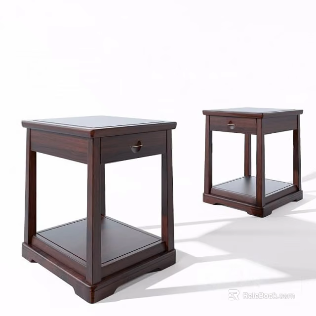Dark Wood Side Tables With Drawer And Lower Shelf Modern Design 3d model