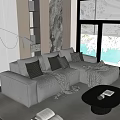 Modern Living Room Interior With Large Sofa Plush Pillows And Coffee Table