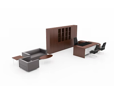 Modern Wooden Office Desk With Glass Door Cabinet Gray Sofa And Black Chairs 3d model