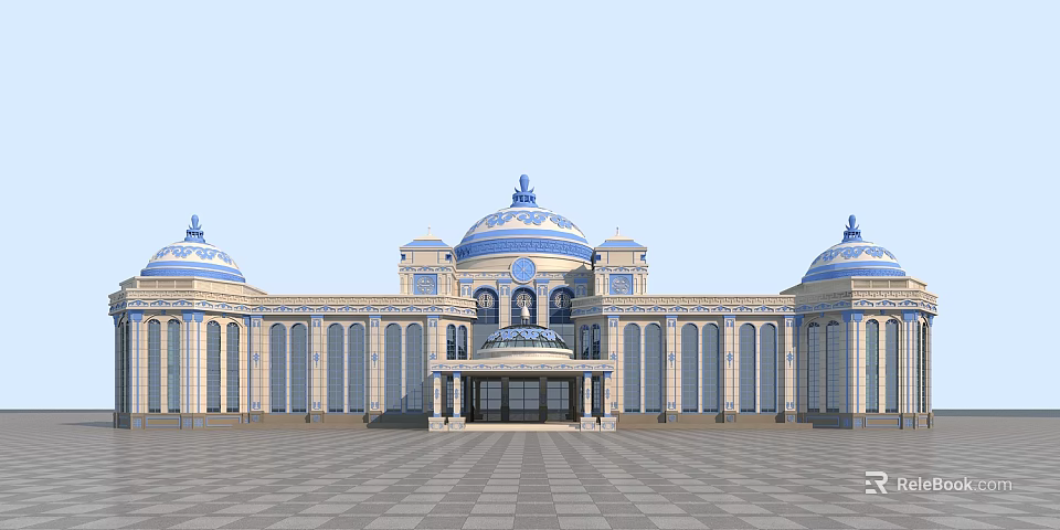 Grand Classical Building With Blue Domes White Columns And Spacious Square 3d model 