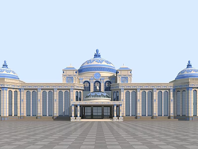 Grand Classical Building With Blue Domes White Columns And Spacious Square 3d model