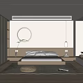 Modern Bedroom Interior With Platform Bed Circular Decor Pendant Lamp And Rattan Stool