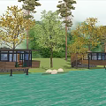 Scenic Waterfront Road Facilities With Wooden Boardwalk And Green Trees