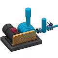 Blue Industrial Equipment With Black Motor Red Button Yellow Cover Pipes And Valves