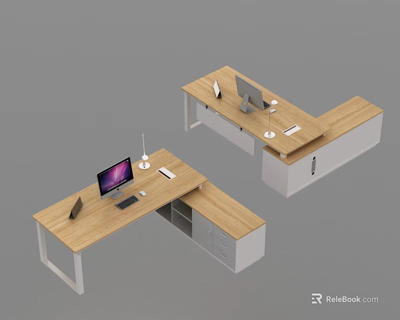 L Shaped Office Desk With Wooden Top White Frame Cabinets And Computer Monitor 3d model 