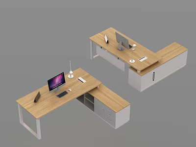 L Shaped Office Desk With Wooden Top White Frame Cabinets And Computer Monitor 3d model