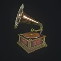 Vintage Gramophone Audio Device With Brass Horn And Wooden Base