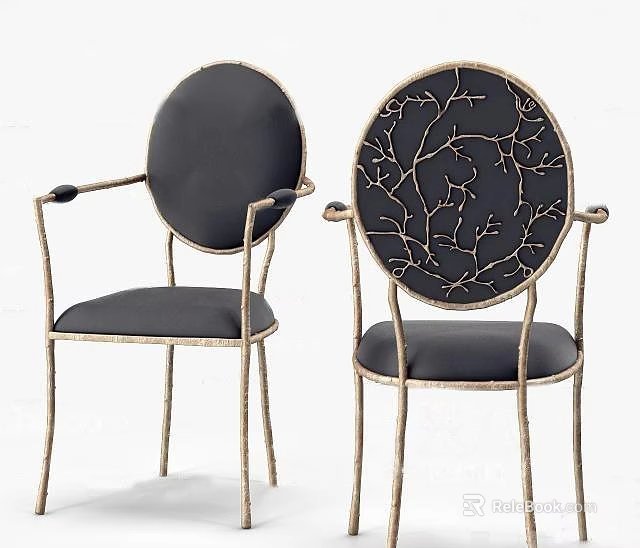 Elegant Dining Chairs With Metal Frame Black Padded Seats And Branch Pattern Cutout Backrests 3d model 