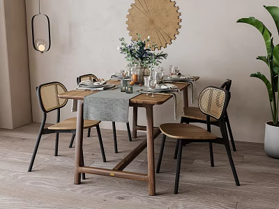 Wooden Dining Table Set With Rattan Chairs Flower Arrangement Wall Decor And Potted Plant 3d model