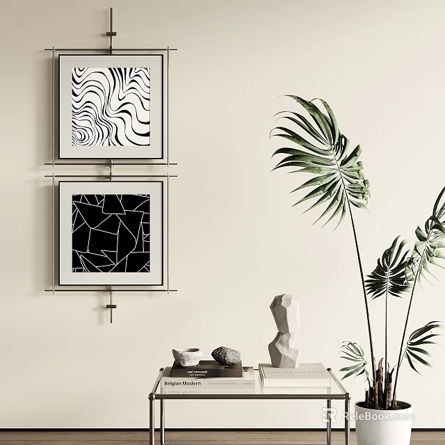 Black and White Abstract Paintings With Geometric Wavy Patterns On Wall And Green Plant Decor 3d model 