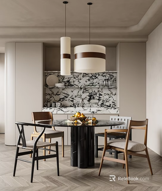 Modern Restaurant Interior Featuring Marble Wall Round Dining Table Pendant Lights And Wooden Chairs 3d model 