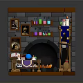 Enchanted Wizard Study Interior With Stone Fireplace Wooden Bookshelf Colorful Bottles And Cauldron