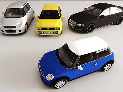 Colorful Small Cars Collection Featuring White Yellow Black and Blue White Models 3d model