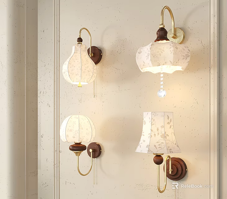 Elegant Wall Mounted Lamps With White Floral Lampshades Wooden Bases And Brass Frames 3d model 