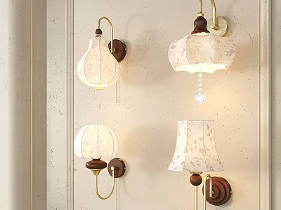 Elegant Wall Mounted Lamps With White Floral Lampshades Wooden Bases And Brass Frames 3d model