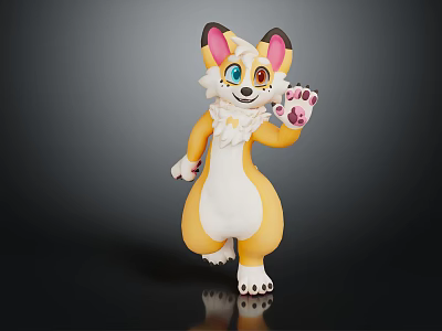 Cute Anthropomorphic Animal Character With Yellow White Fur Pink Ears And Waving Paw 3d model