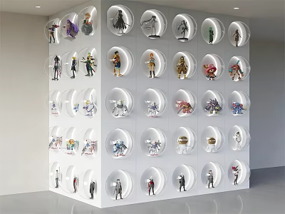 White Modern Action Figure Display Cabinet With Circular Compartments And Figurine Collection 3d model