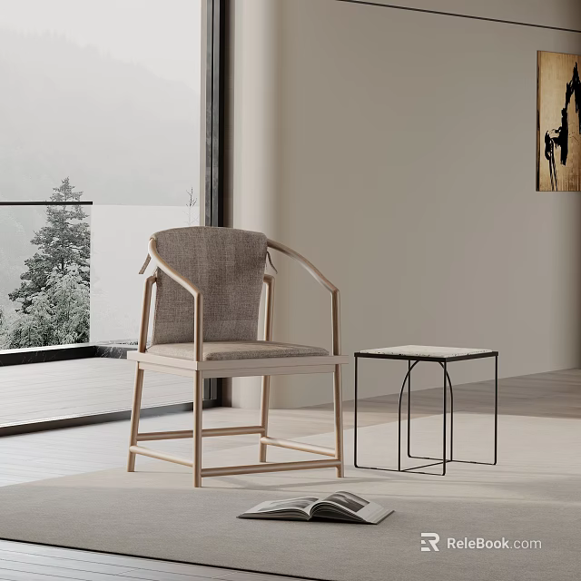 Modern Accent Chair With Wooden Frame Linen Upholstery And Side Table By Large Window 3d model 