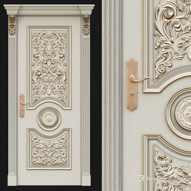 Elegant Hinged Door With Ornate Carved Patterns And Golden Handle Design 3d model 