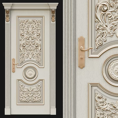 Elegant Hinged Door With Ornate Carved Patterns And Golden Handle Design 3d model