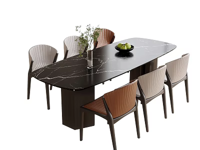 Modern Dining Table And Chairs Set With Black Marble Tabletop Green Plants And Fruits 3d model