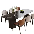 Modern Dining Table And Chairs Set With Black Marble Tabletop Green Plants And Fruits