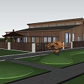 Wooden Hotel Building Surrounded by Green Lawn Trees and Modern Buildings in Background