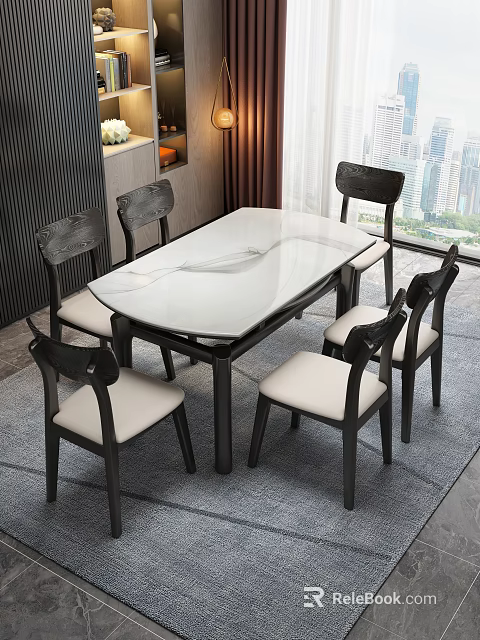 Modern Dining Table Set with Glass Top and Black Frame Beige Cushioned Chairs 3d model 