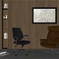 Gray Leather Office Chair With Wheels And Armrests In Wooden Wall With Decorative Map And Bookshelf
