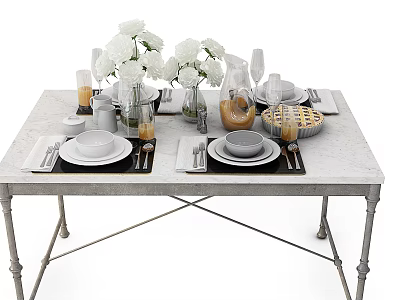 Stylish Table Setting Featuring Ceramic Dinnerware Set With Plates Bowls Utensils And Flower Vase 3d model