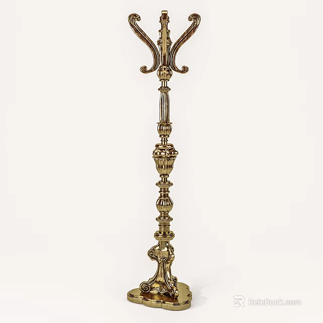 Elegant Golden Metal Floor Standing Hanger With Ornate Decorative Design For Home 3d model 