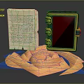 Vintage Handwritten Paper and Notebook with Yellow Border Red Pages on Orange Blue Spiral Base