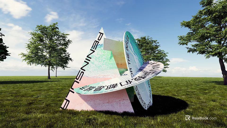 Colorful Geometric Sculpture with PENINSULA Text on Green Grassland Under Blue Sky with Trees 3d model 